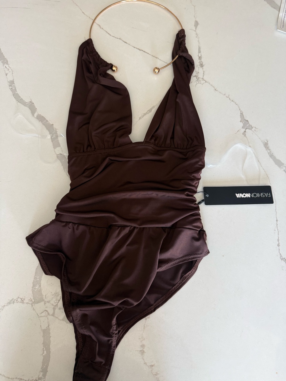 Fashion Nova Chocolate Brown Plunging Bodysuit XS NWT